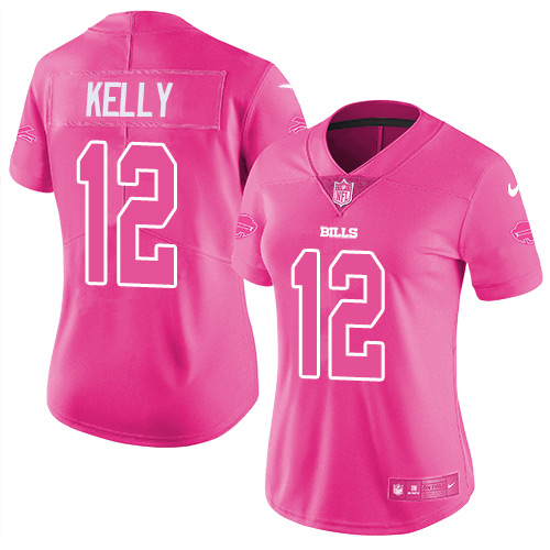 Nike Bills #12 Jim Kelly Pink Women's Stitched NFL Limited Rush Fashion Jersey - Click Image to Close